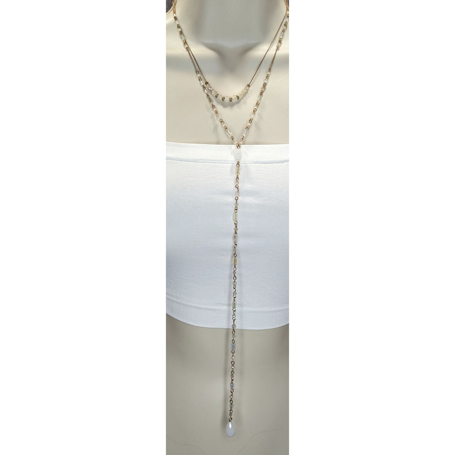 Layered Y Drop Beaded Necklace White Faceted Glass Beads Gold Chain Boho Chic
