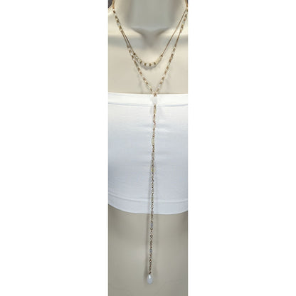 Layered Y Drop Beaded Necklace White Faceted Glass Beads Gold Chain Boho Chic