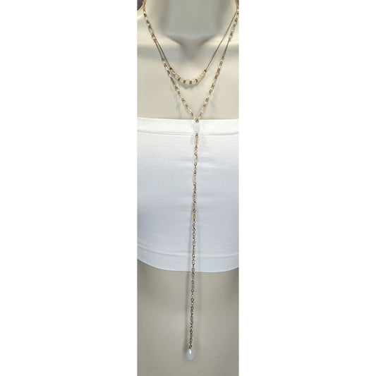 Layered Y Drop Beaded Necklace White Faceted Glass Beads Gold Chain Boho Chic