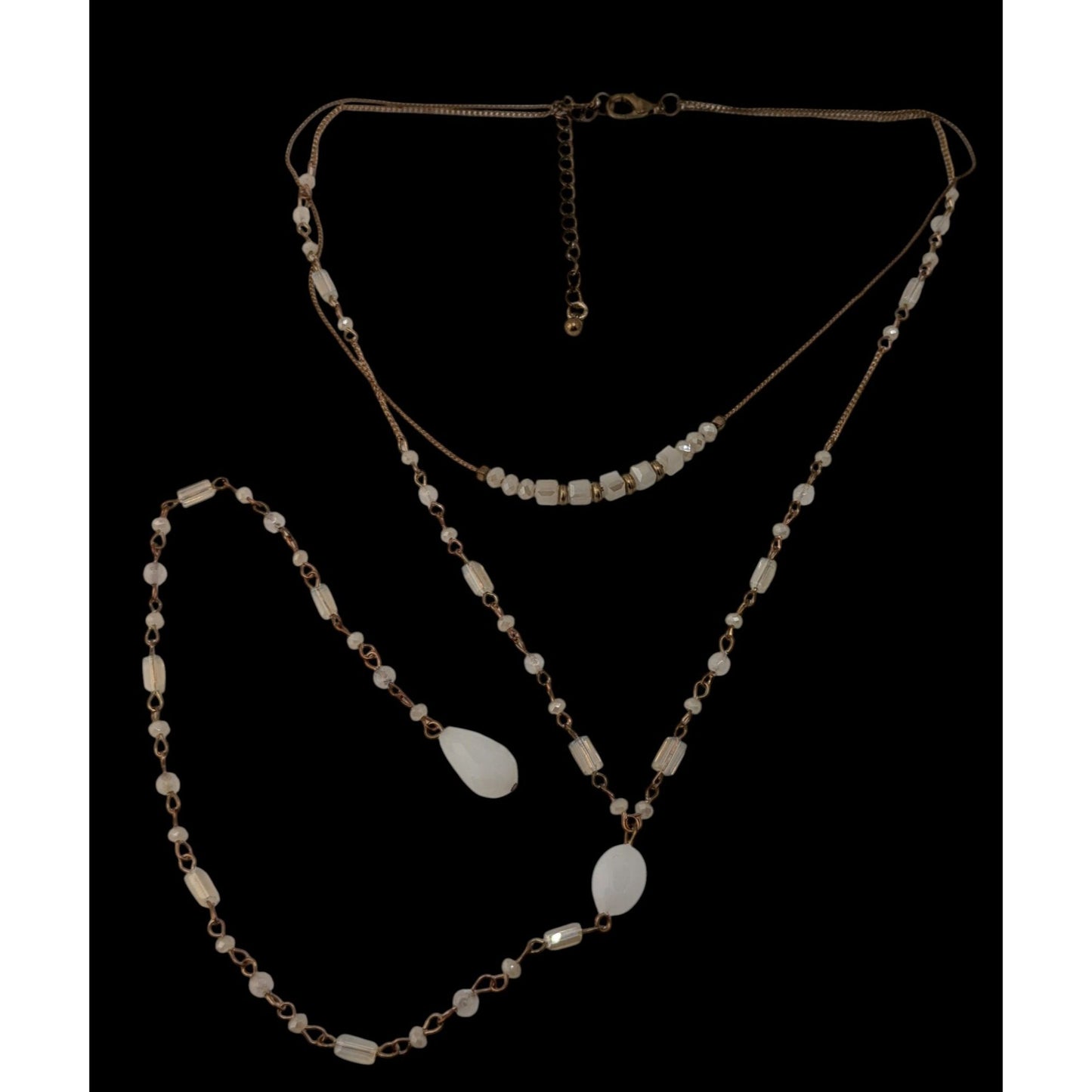 Layered Y Drop Beaded Necklace White Faceted Glass Beads Gold Chain Boho Chic