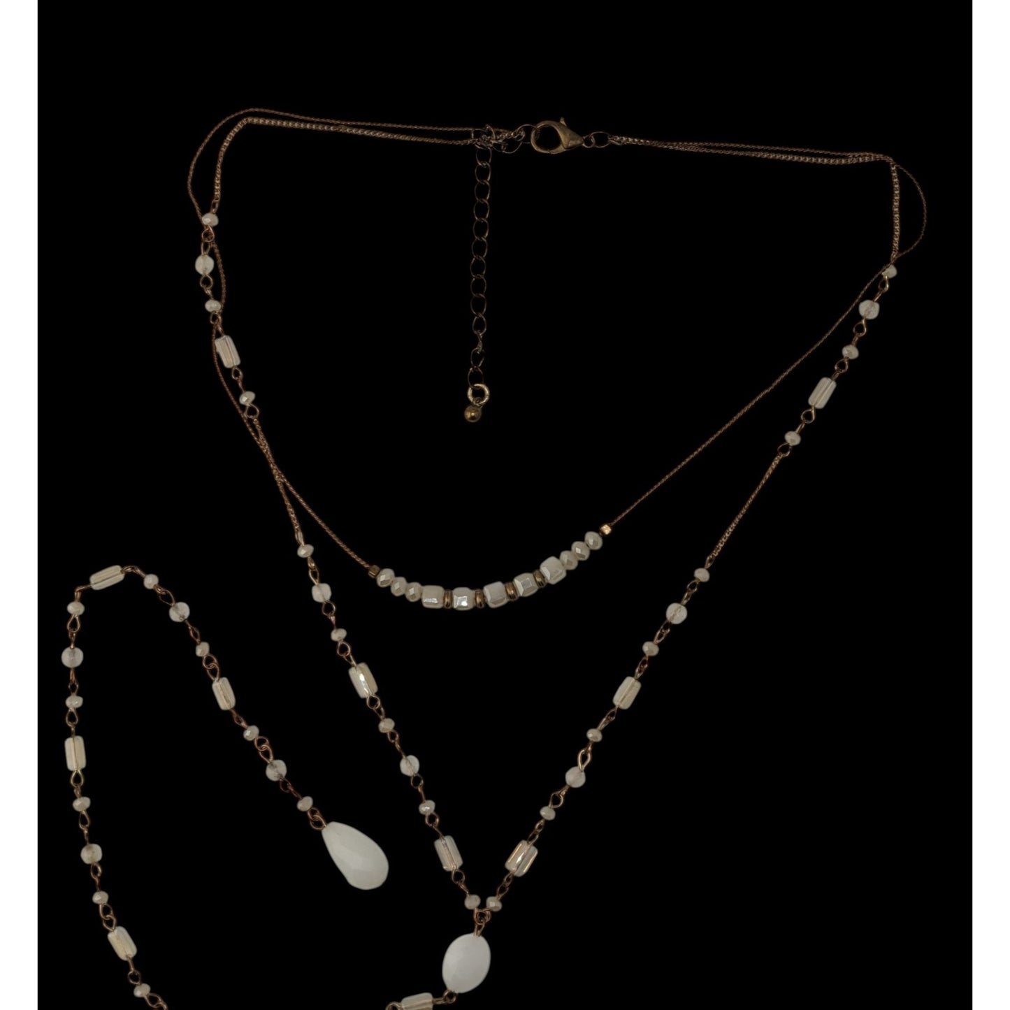 Layered Y Drop Beaded Necklace White Faceted Glass Beads Gold Chain Boho Chic