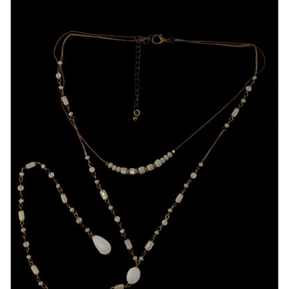 Layered Y Drop Beaded Necklace White Faceted Glass Beads Gold Chain Boho Chic