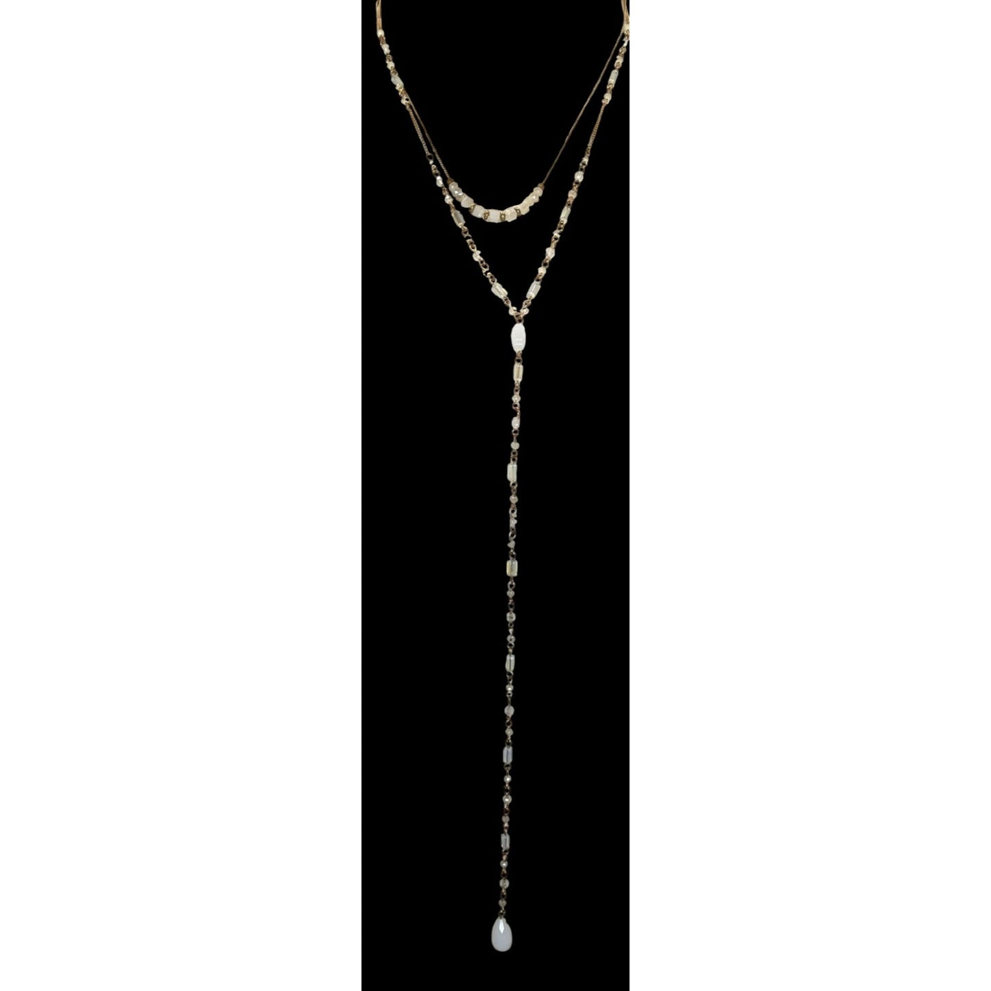 Layered Y Drop Beaded Necklace White Faceted Glass Beads Gold Chain Boho Chic