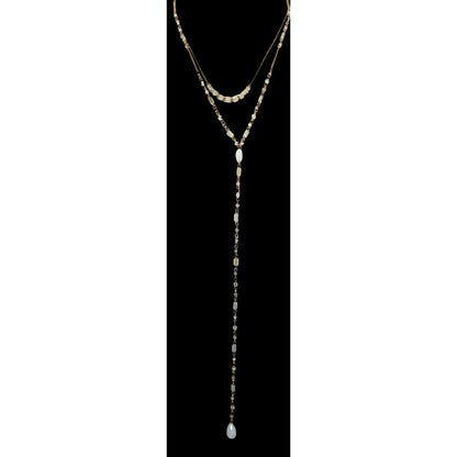 Layered Y Drop Beaded Necklace White Faceted Glass Beads Gold Chain Boho Chic