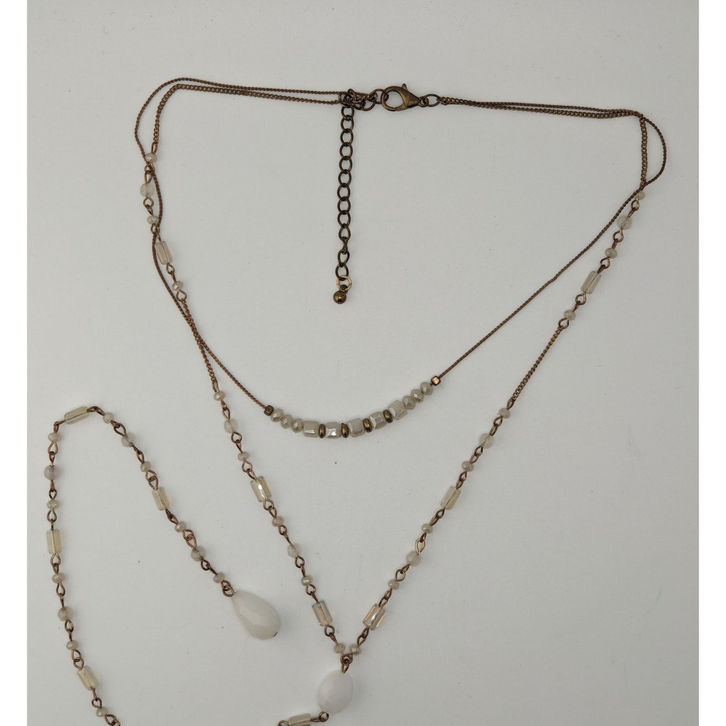 Layered Y Drop Beaded Necklace White Faceted Glass Beads Gold Chain Boho Chic