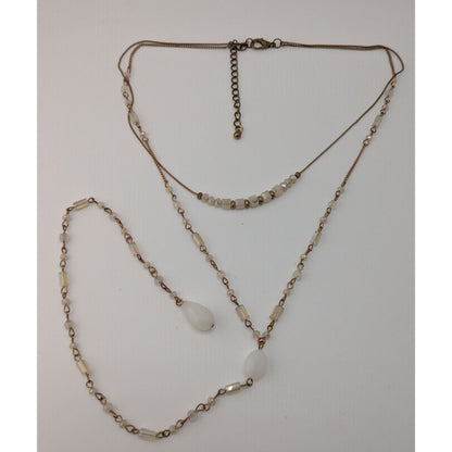 Layered Y Drop Beaded Necklace White Faceted Glass Beads Gold Chain Boho Chic