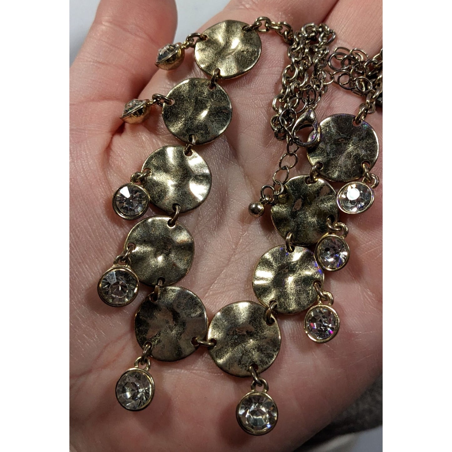 Brutalist Glam Gold Tone Charm Rhinestone Necklace