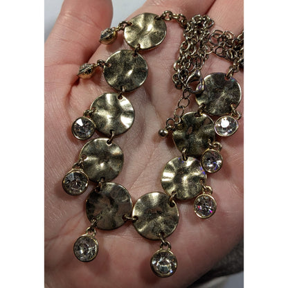 Brutalist Glam Gold Tone Charm Rhinestone Necklace