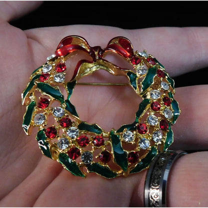 Vintage Wreath Brooch With Rhinestones And Enamel