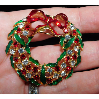 Vintage Wreath Brooch With Rhinestones And Enamel