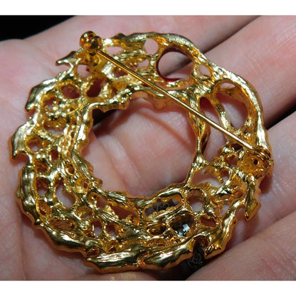 Vintage Wreath Brooch With Rhinestones And Enamel