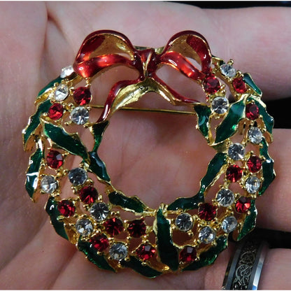 Vintage Wreath Brooch With Rhinestones And Enamel