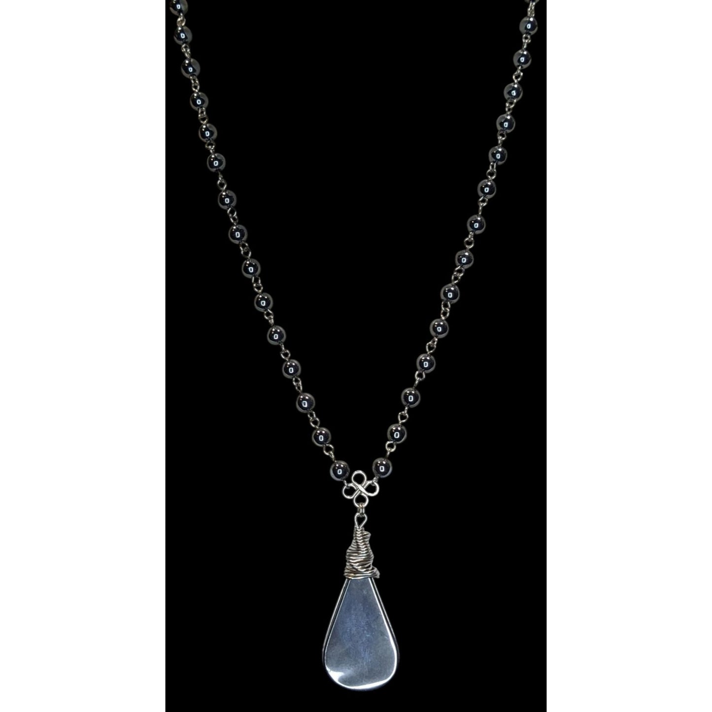Handmade Hematite Teardrop Pendant Necklace Wire Wrapped Silver Gothic Boho