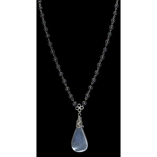 Handmade Hematite Teardrop Pendant Necklace Wire Wrapped Silver Gothic Boho