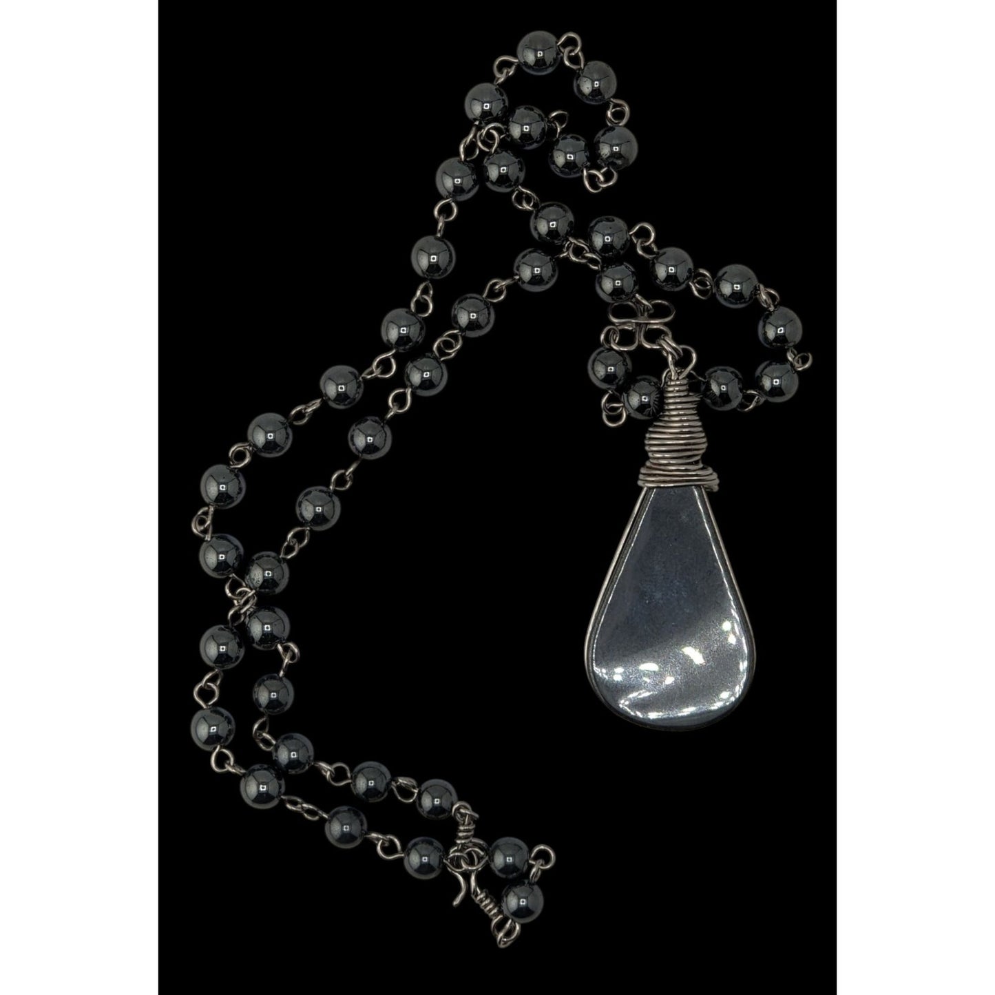Handmade Hematite Teardrop Pendant Necklace Wire Wrapped Silver Gothic Boho