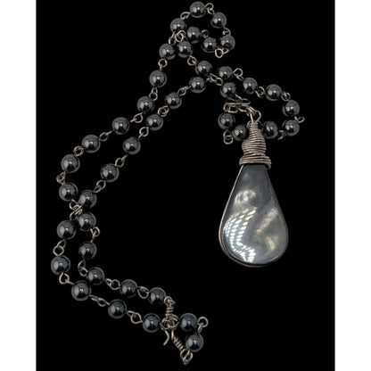Handmade Hematite Teardrop Pendant Necklace Wire Wrapped Silver Gothic Boho