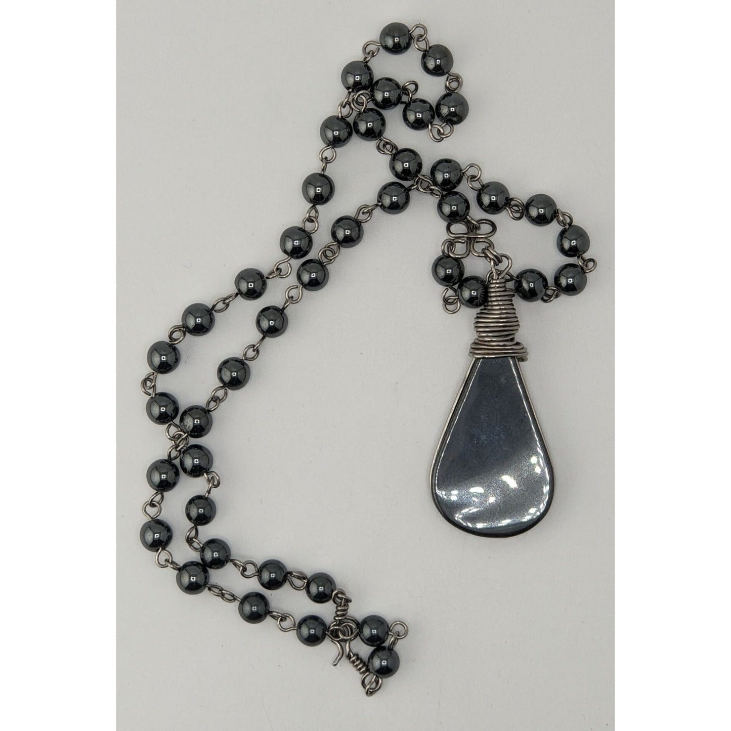Handmade Hematite Teardrop Pendant Necklace Wire Wrapped Silver Gothic Boho