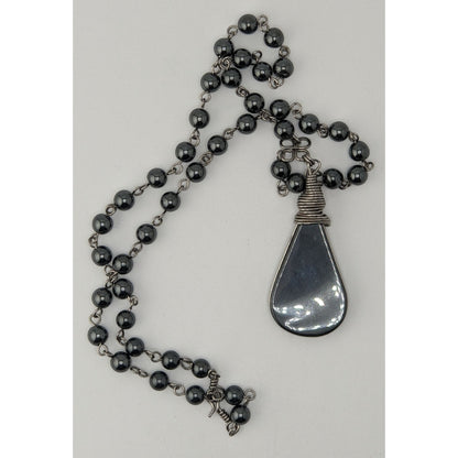Handmade Hematite Teardrop Pendant Necklace Wire Wrapped Silver Gothic Boho