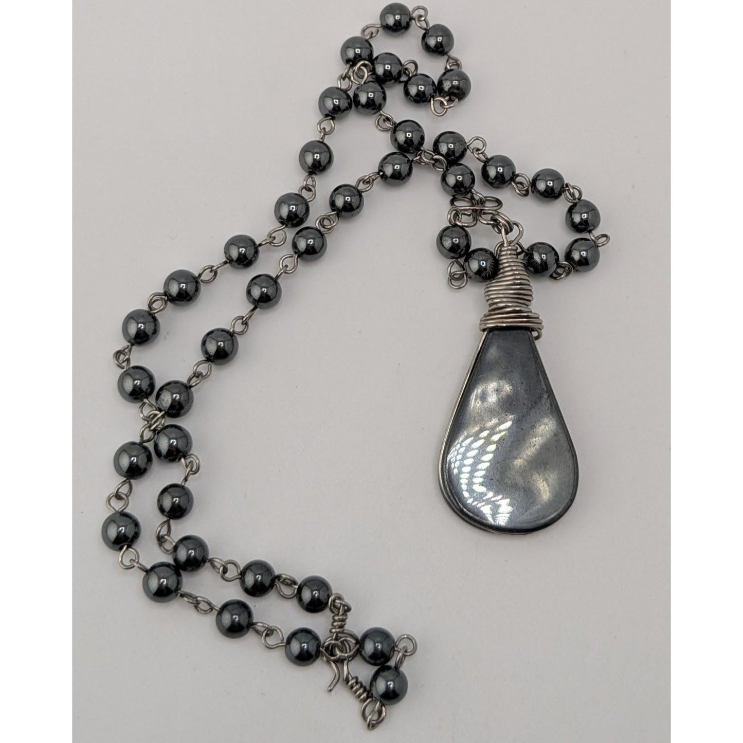 Handmade Hematite Teardrop Pendant Necklace Wire Wrapped Silver Gothic Boho