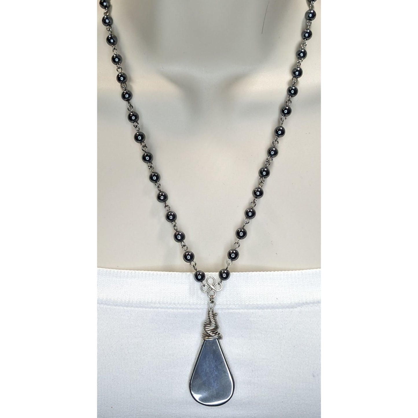 Handmade Hematite Teardrop Pendant Necklace Wire Wrapped Silver Gothic Boho