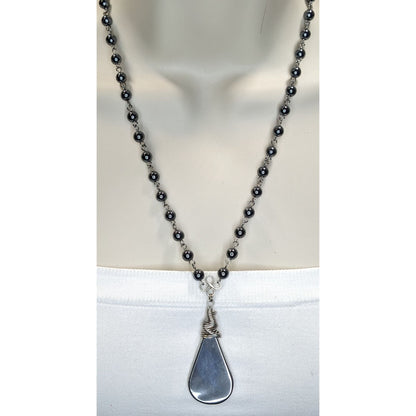Handmade Hematite Teardrop Pendant Necklace Wire Wrapped Silver Gothic Boho