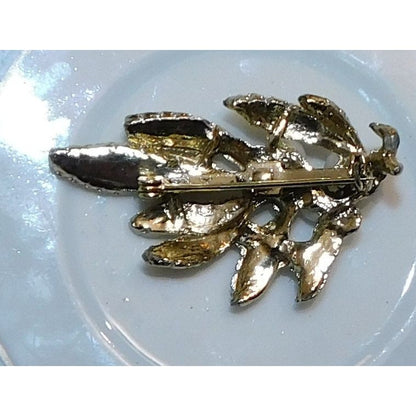 Vintage Gold Tone Floral Leaf Brooch With Faux Pearl Accents