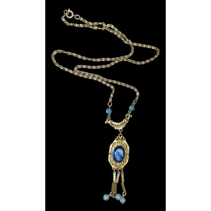 Antique Regal Flapper Style  Gold-Tone Necklace With Blue Glass Pendant