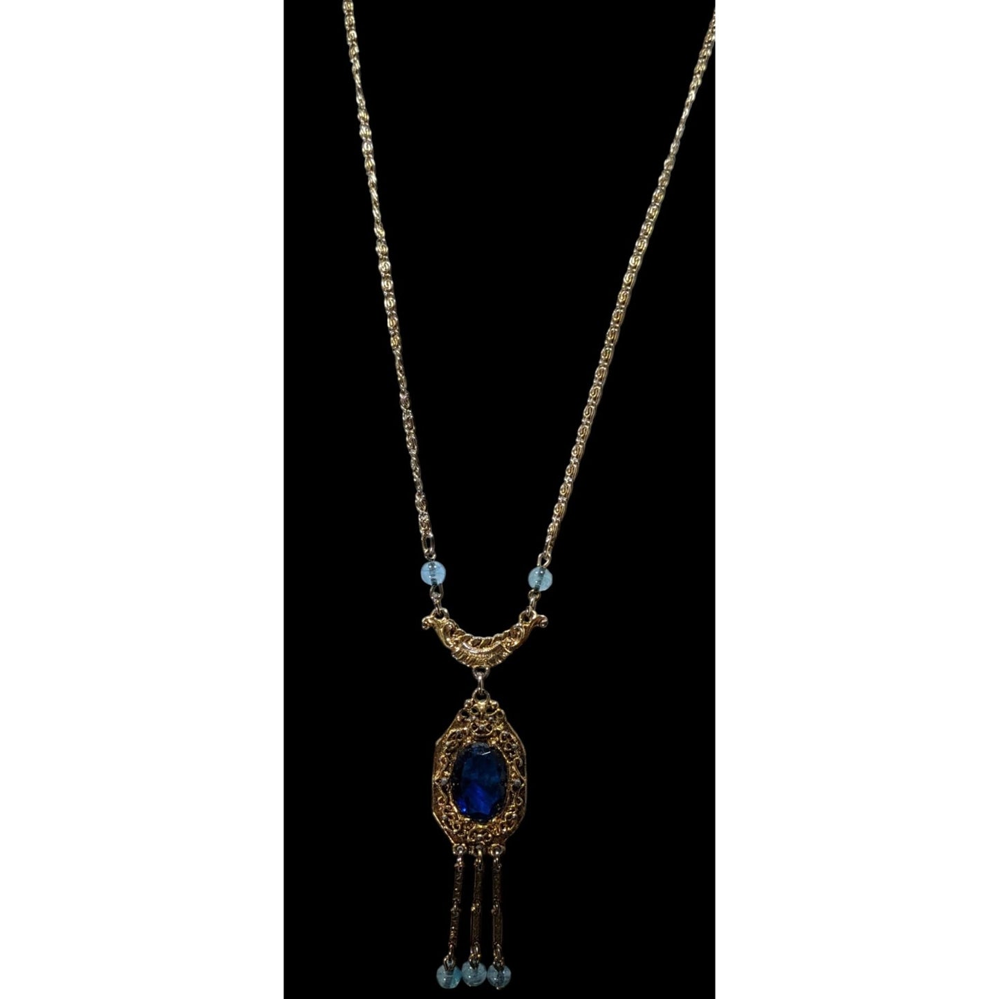 Antique Regal Flapper Style  Gold-Tone Necklace With Blue Glass Pendant