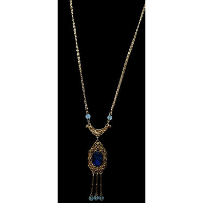 Antique Regal Flapper Style  Gold-Tone Necklace With Blue Glass Pendant