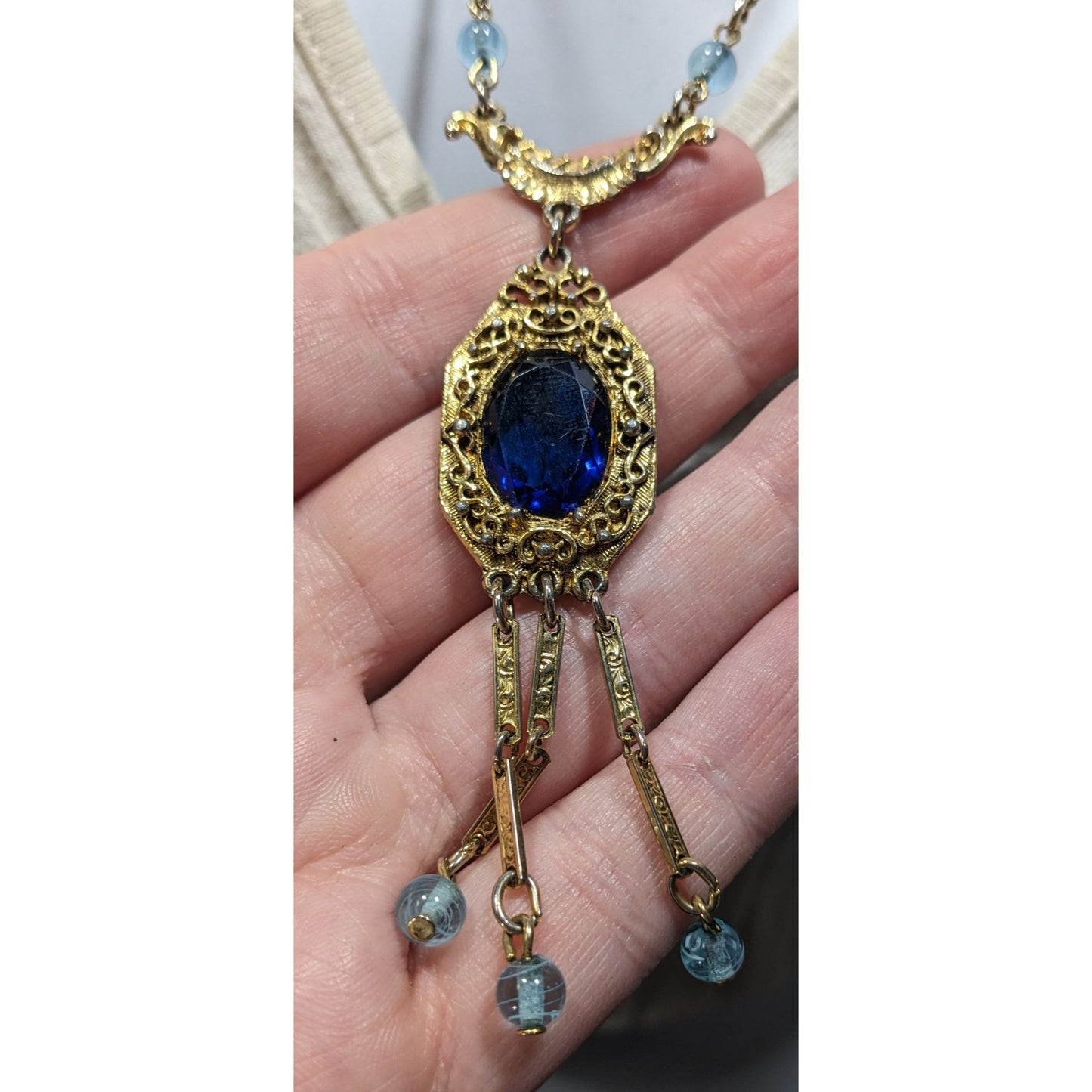 Antique Regal Flapper Style  Gold-Tone Necklace With Blue Glass Pendant