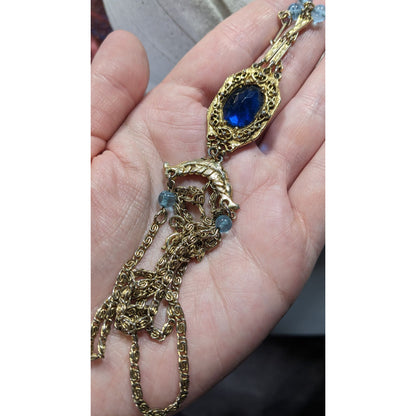 Antique Regal Flapper Style  Gold-Tone Necklace With Blue Glass Pendant