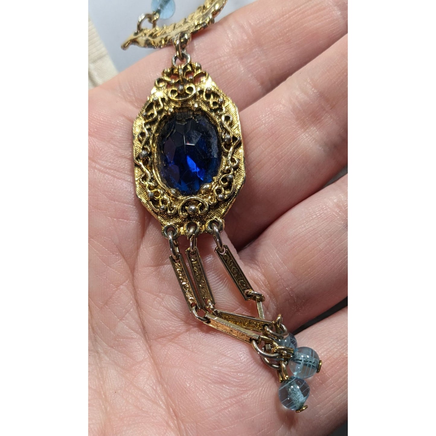 Antique Regal Flapper Style  Gold-Tone Necklace With Blue Glass Pendant