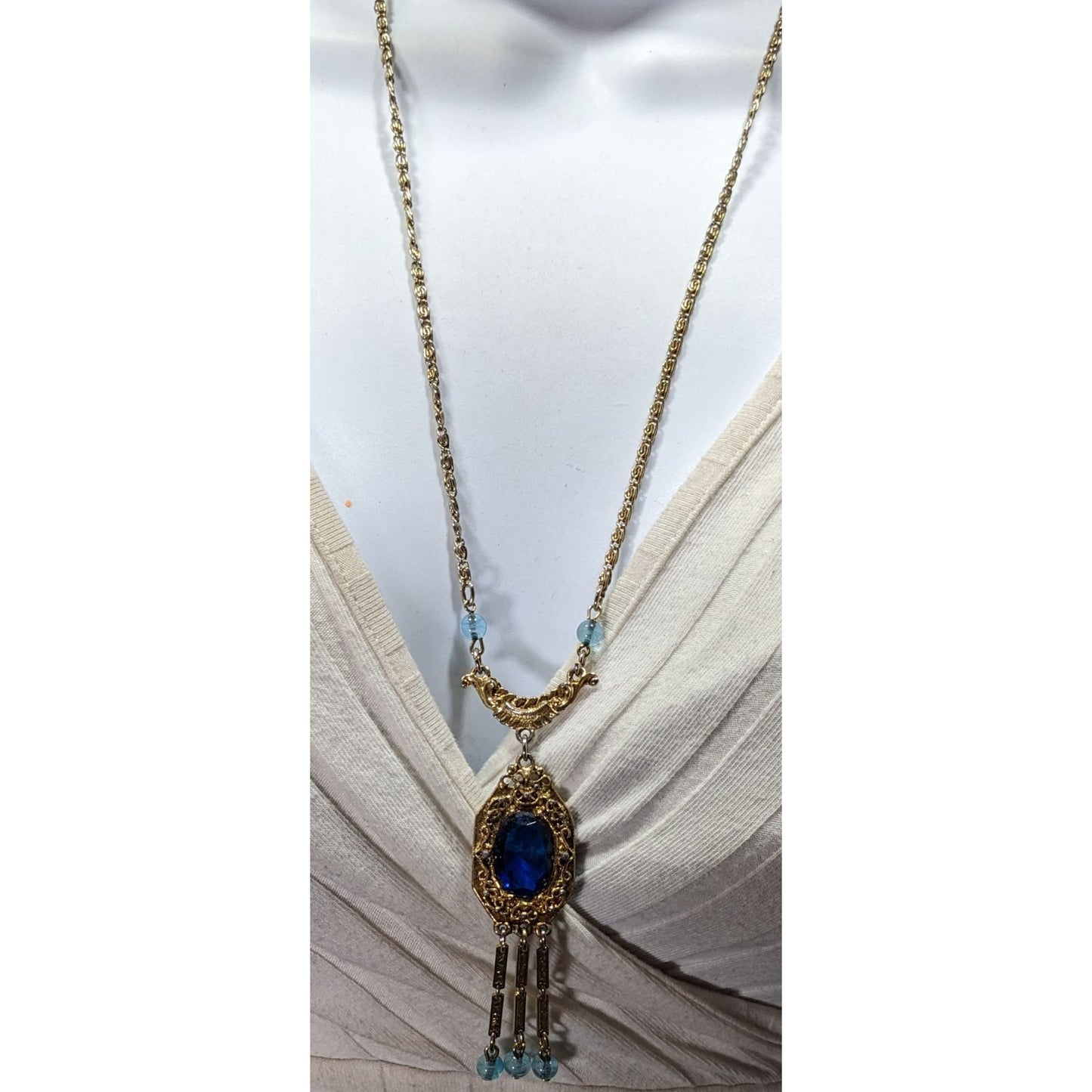 Antique Regal Flapper Style  Gold-Tone Necklace With Blue Glass Pendant