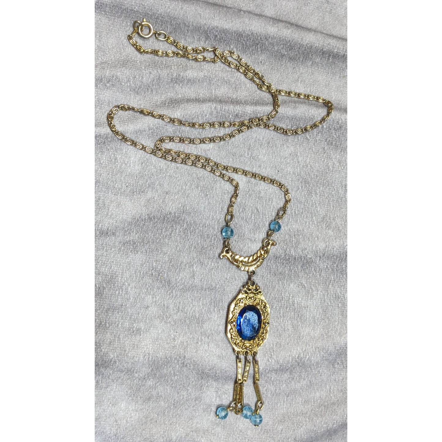 Antique Regal Flapper Style  Gold-Tone Necklace With Blue Glass Pendant