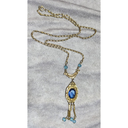 Antique Regal Flapper Style  Gold-Tone Necklace With Blue Glass Pendant