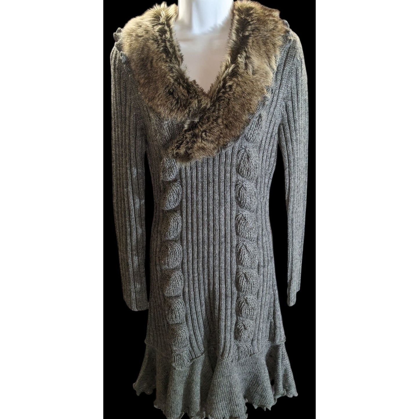 Milano Knit Sweater Dress with Fur Collar Grey & Brown Upscale Winter Style