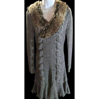 Milano Knit Sweater Dress with Fur Collar Grey & Brown Upscale Winter Style