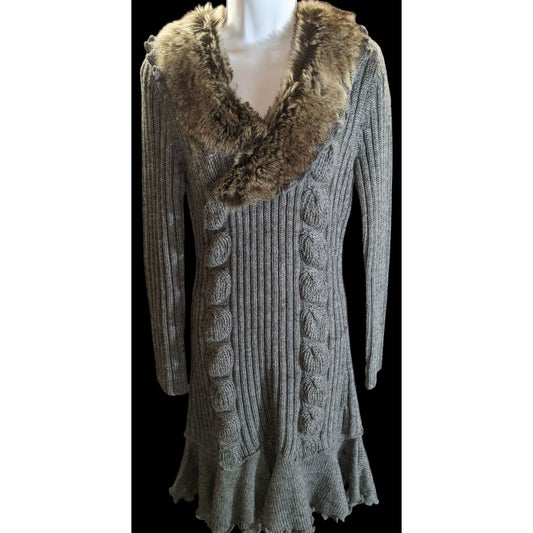 Milano Knit Sweater Dress with Fur Collar Grey & Brown Upscale Winter Style