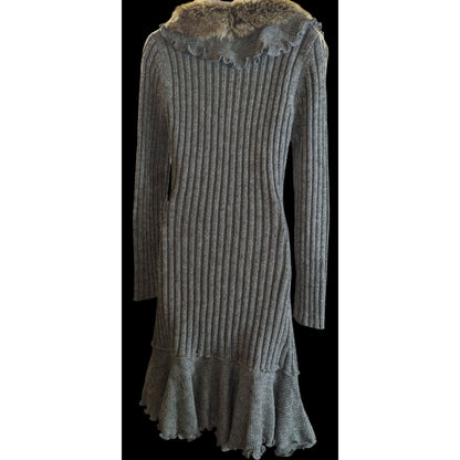 Milano Knit Sweater Dress with Fur Collar Grey & Brown Upscale Winter Style