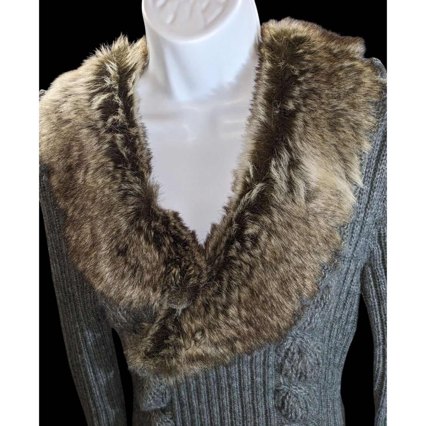 Milano Knit Sweater Dress with Fur Collar Grey & Brown Upscale Winter Style