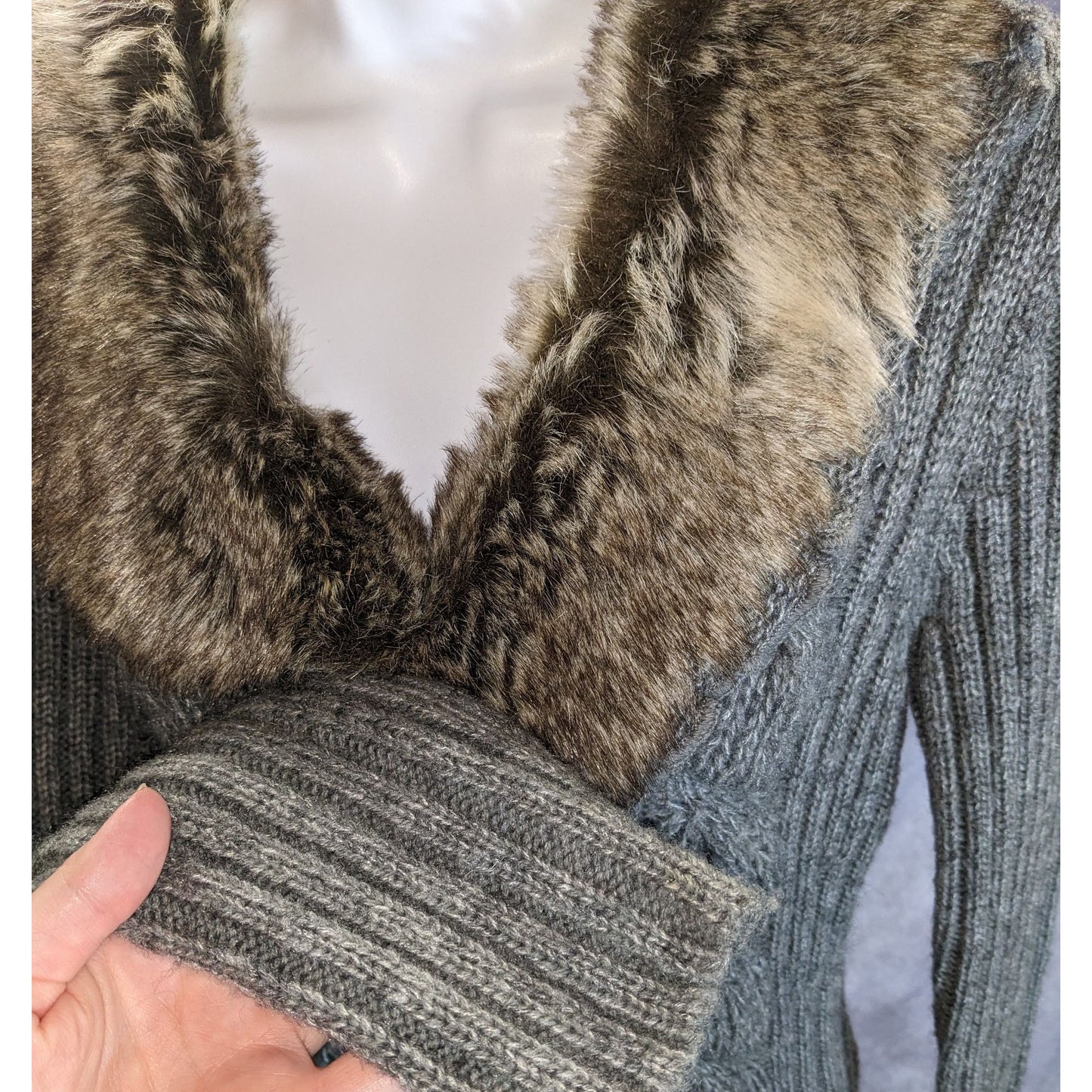 Milano Knit Sweater Dress with Fur Collar Grey & Brown Upscale Winter Style