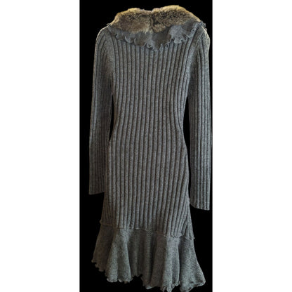 Milano Knit Sweater Dress with Fur Collar Grey & Brown Upscale Winter Style