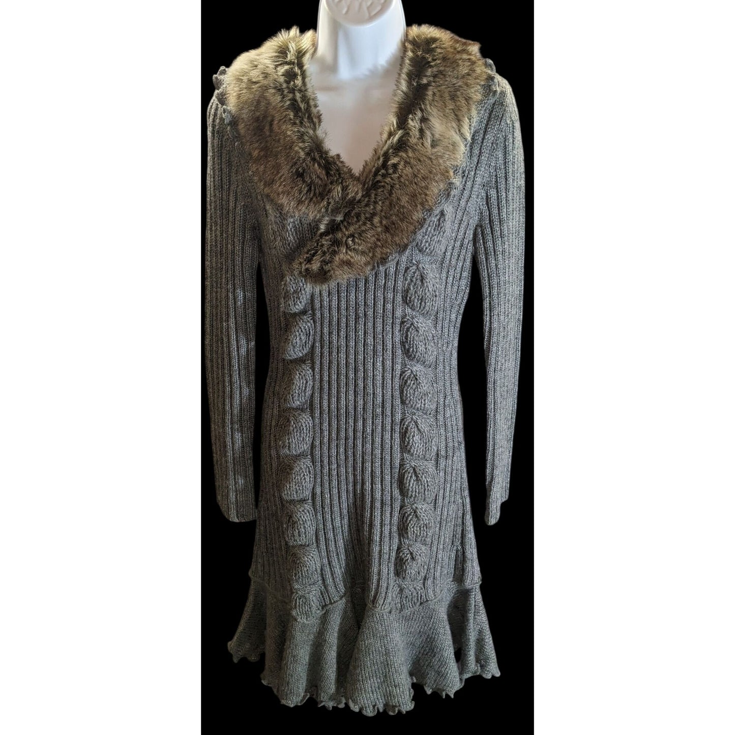 Milano Knit Sweater Dress with Fur Collar Grey & Brown Upscale Winter Style