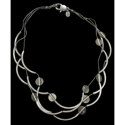Lizzy James Abstract Disc And Curved Bar Silver Tone Metal And Leather Necklace