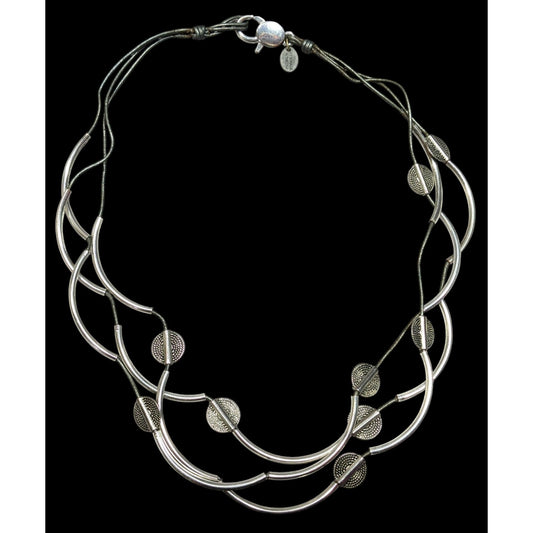 Lizzy James Abstract Disc And Curved Bar Silver Tone Metal And Leather Necklace