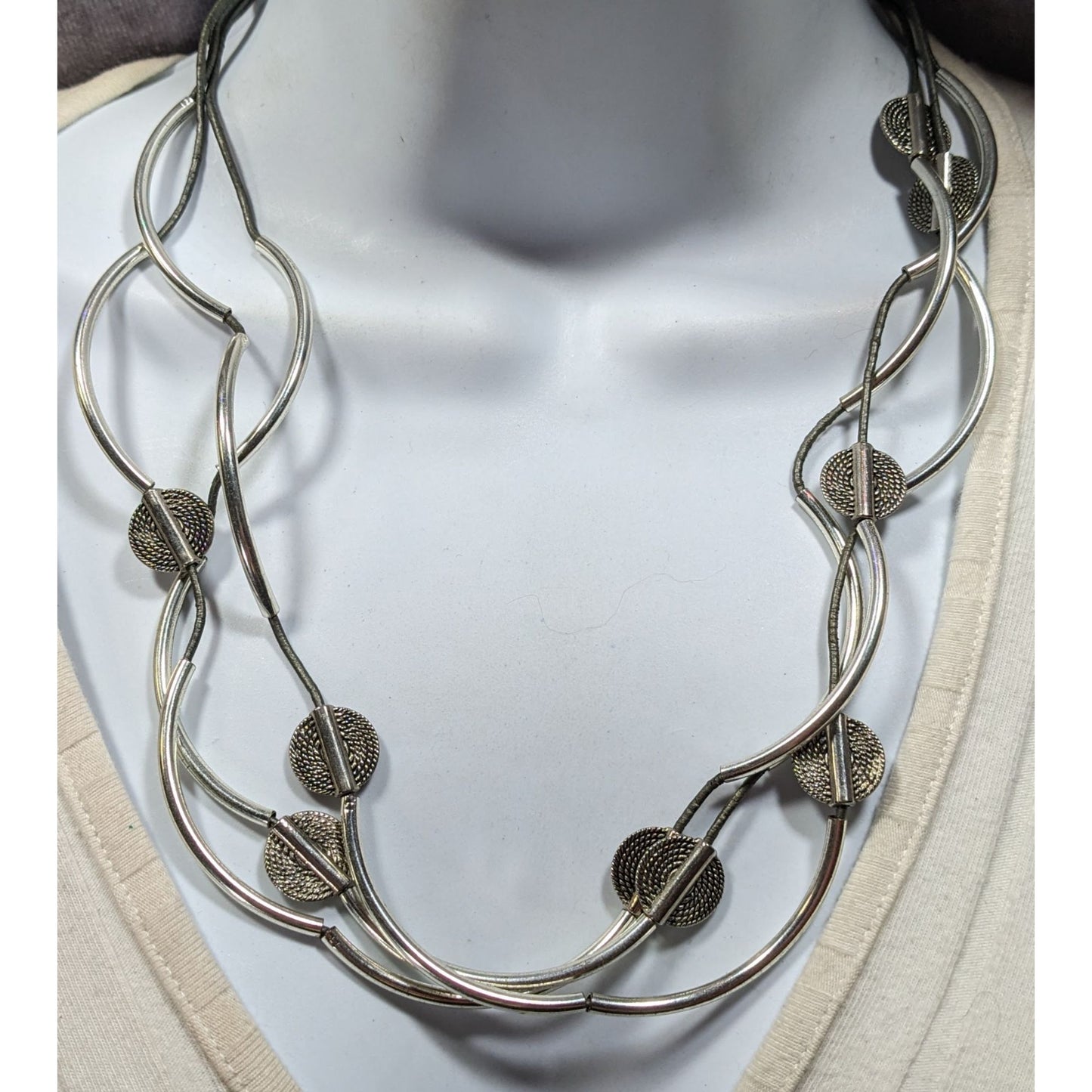 Lizzy James Abstract Disc And Curved Bar Silver Tone Metal And Leather Necklace