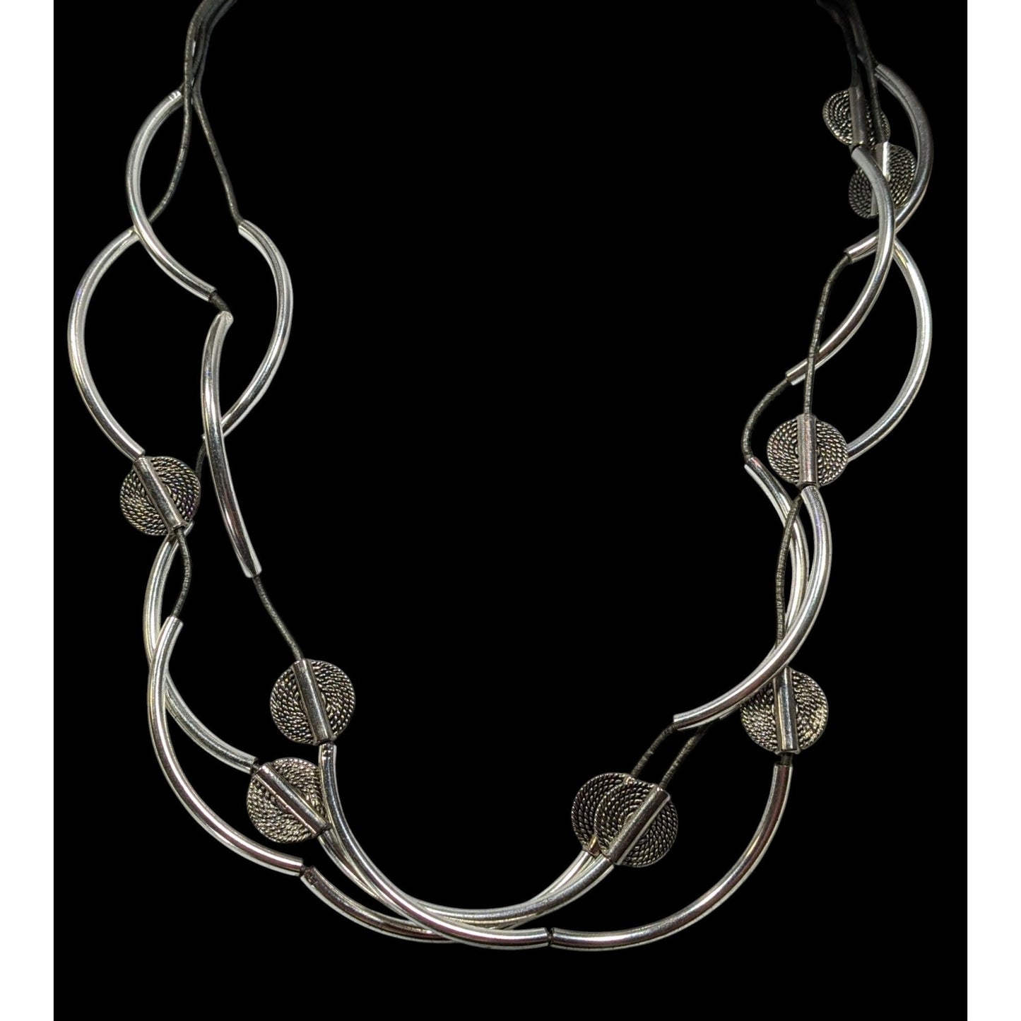 Lizzy James Abstract Disc And Curved Bar Silver Tone Metal And Leather Necklace