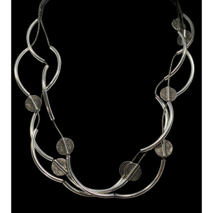 Lizzy James Abstract Disc And Curved Bar Silver Tone Metal And Leather Necklace