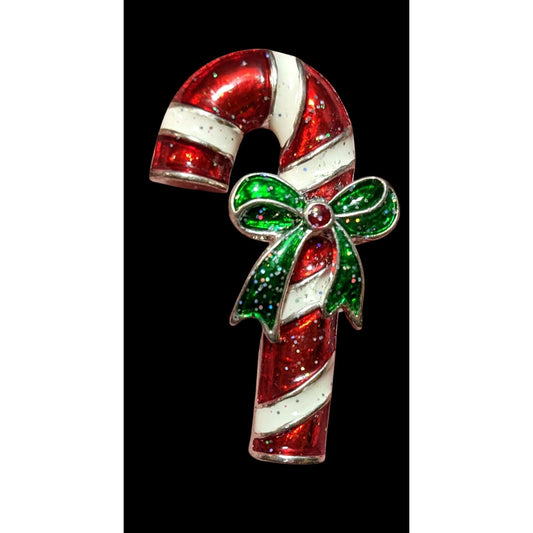 Vintage Holiday Glitter Enamel Candycane Brooch