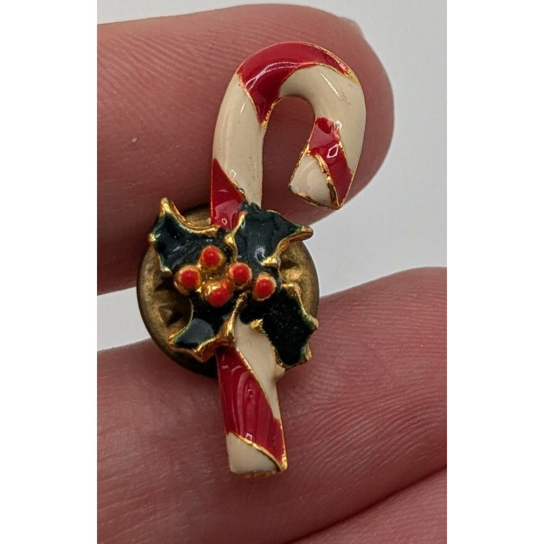 Vintage Enamel Candy Cane Lapel Pin Christmas Holly Holiday Brooch
